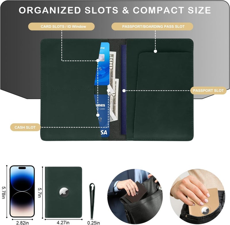 Kicoroiny Airtag Passport Holder for Men Women Travel, Real Leather Passport Wallet, Handmade Passport Cover Case with Airtag Slot, Travel Must Haves Essentials Accessories Birthday Gifts (Crazy Horse, Green) - Image 5